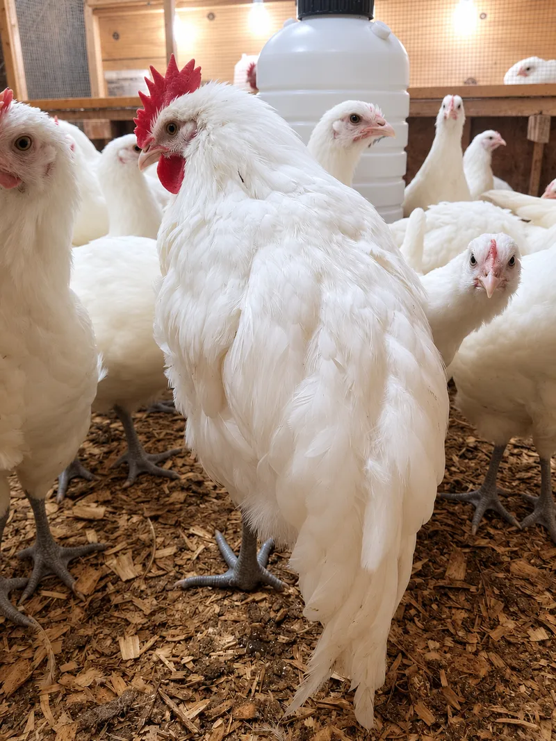 One of our American Bresse hens — pure white plumage and a bright red comb — standing with the flock in the coop