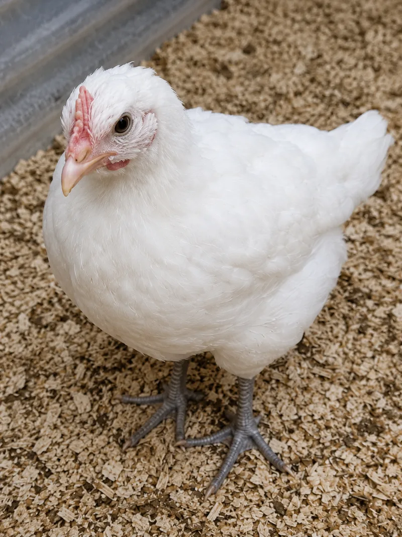 A young white American Bresse starter bird with slate-blue legs standing on wood shavings